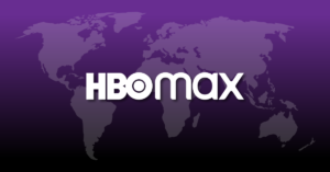 The logo of HBO Max superimposed over a map of the world, both appearing on a purple-black gradient background.