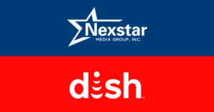The logos of Nexstar Media Group and satellite TV company Dish Network.