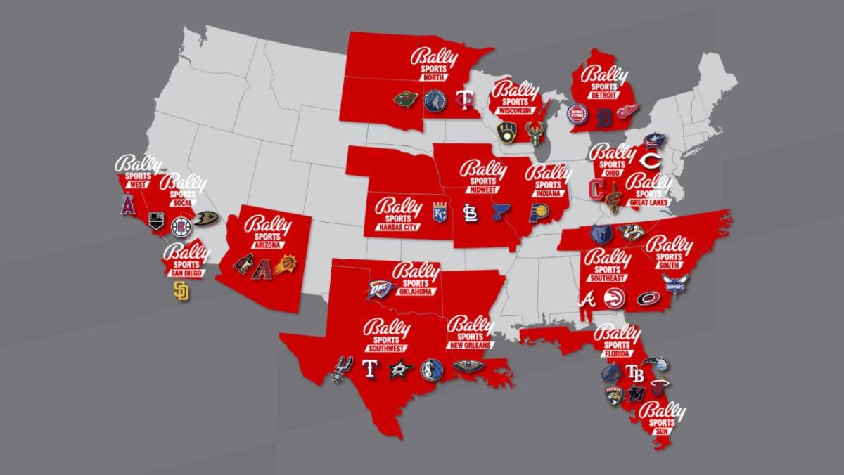 The coverage map of Sinclair's regional sports channels Bally Sports. (Image courtesy Sinclair Broadcast Group, Graphic by The Desk)