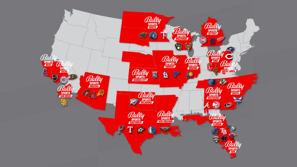 The coverage map of Sinclair's regional sports channels Bally Sports. (Image courtesy Sinclair Broadcast Group, Graphic by The Desk)