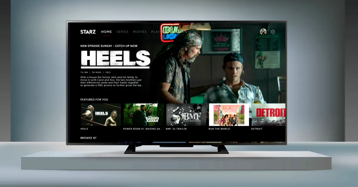 The streaming service Starz is displayed on a smart television set.