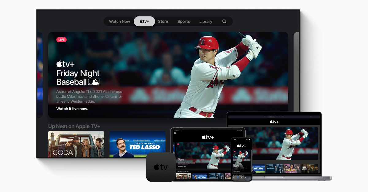 A television set, tablet and computer show an image of baseball as it appears on the Apple TV Plus app.