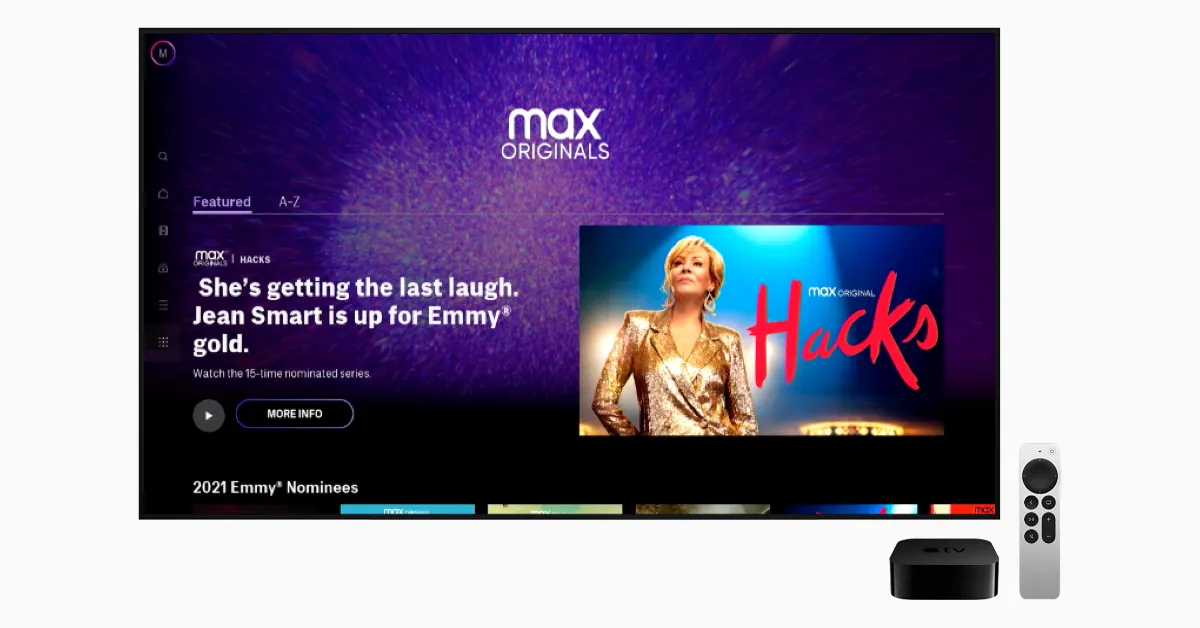 A version of the HBO Max app running on an Apple TV device.