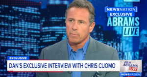 Former CNN news personality Chris Cuomo is interviewed on NewsNation's "Dan Abrams Live" in July 2022. (Image courtesy NewsNation/Nexstar Media, Graphic by The Desk)