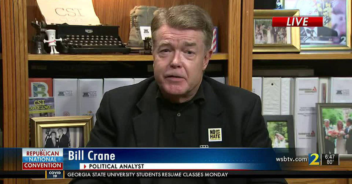 Former WSB-TV political commentator Bill Crane appears during a news broadcast.