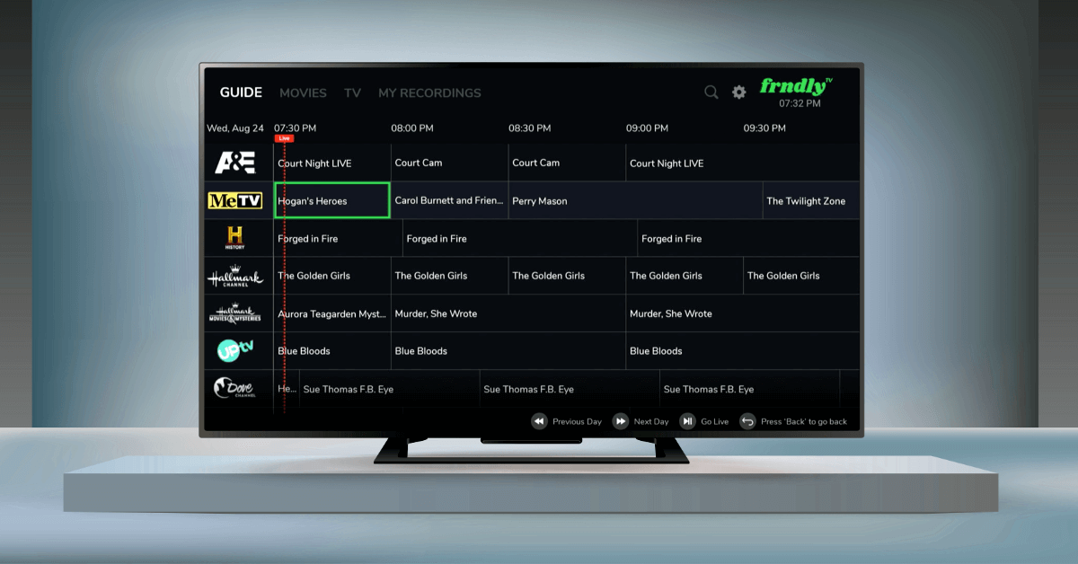 Frndly TV's electronic program guide makes it easy to find channels and content to watch.