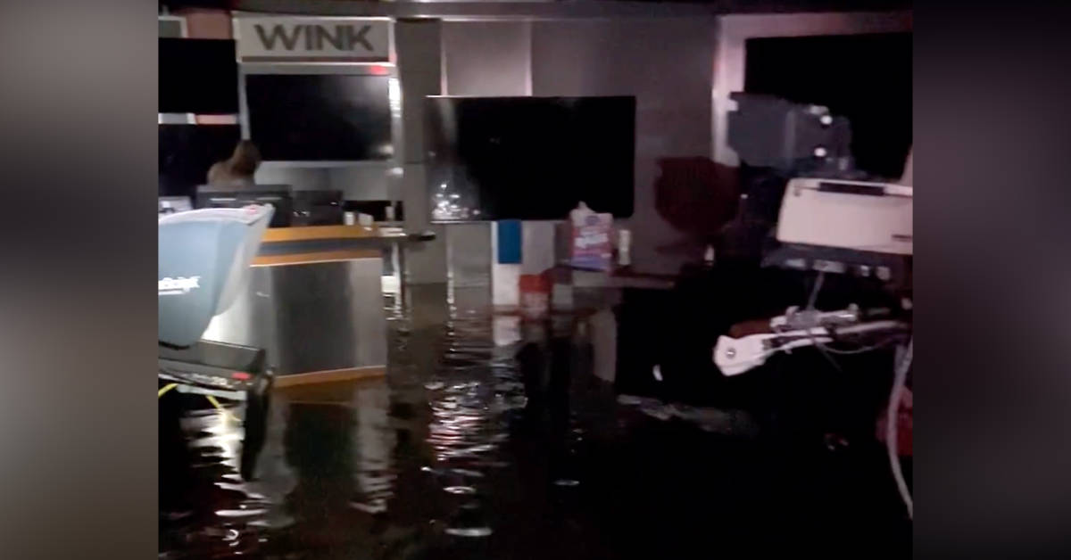 Floodwater from Hurricane Ian impacts the WINK-TV newsroom on September 28, 2022.