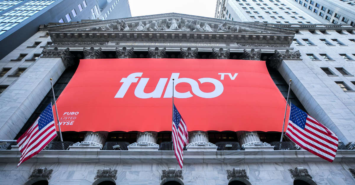 A banner with the logo of streaming service Fubo TV hangs outside the New York Stock Exchange.