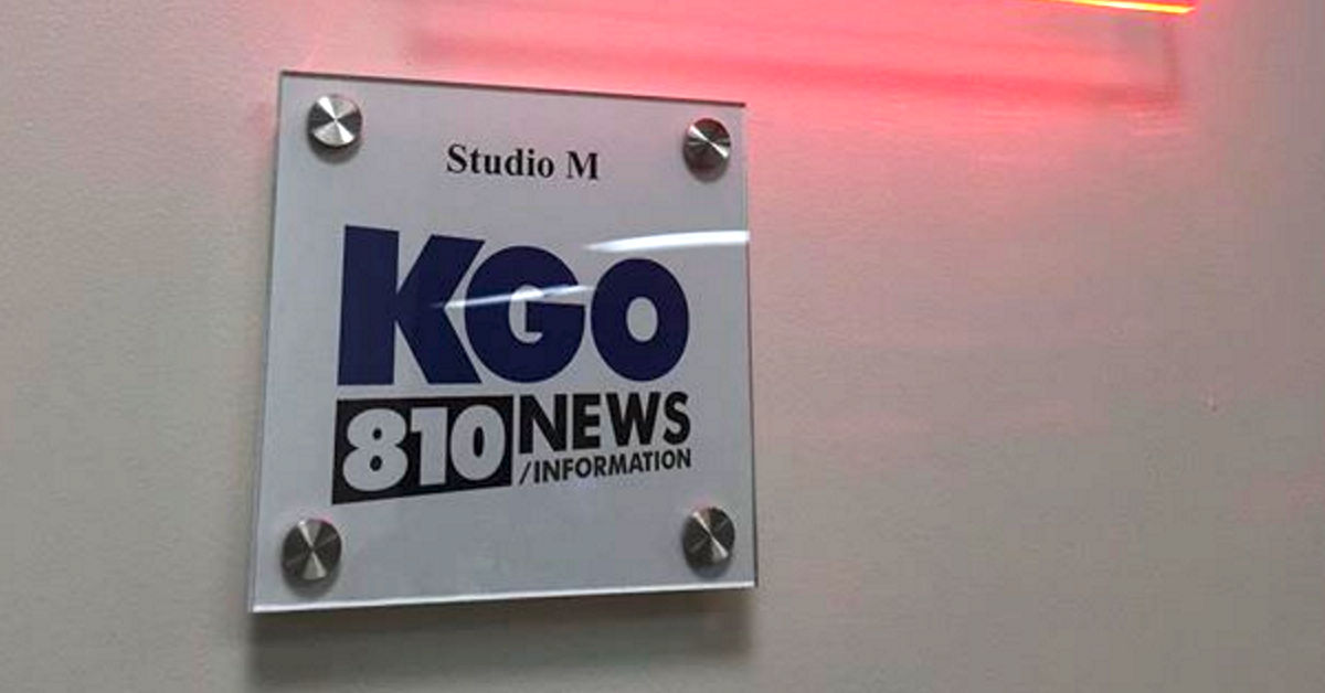 A sign for KGO Radio outside a studio in San Francisco.