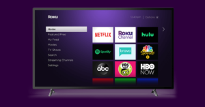 A Roku home screen is shown on a smart television set.