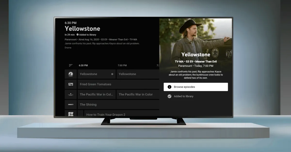 The YouTube TV program guide shows an episode of "Yellowstone" on the Paramount Network.