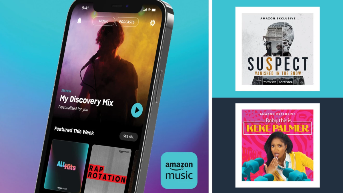A promotional image for Amazon Music, which offers over 100 million music tracks and thousands of ad-free podcast episodes.