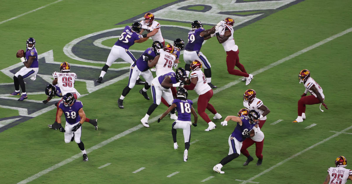 Baltimore Ravens offense in a pre-season game against the Washington Commanders at M&T Bank Stadium on August 27, 2022.
