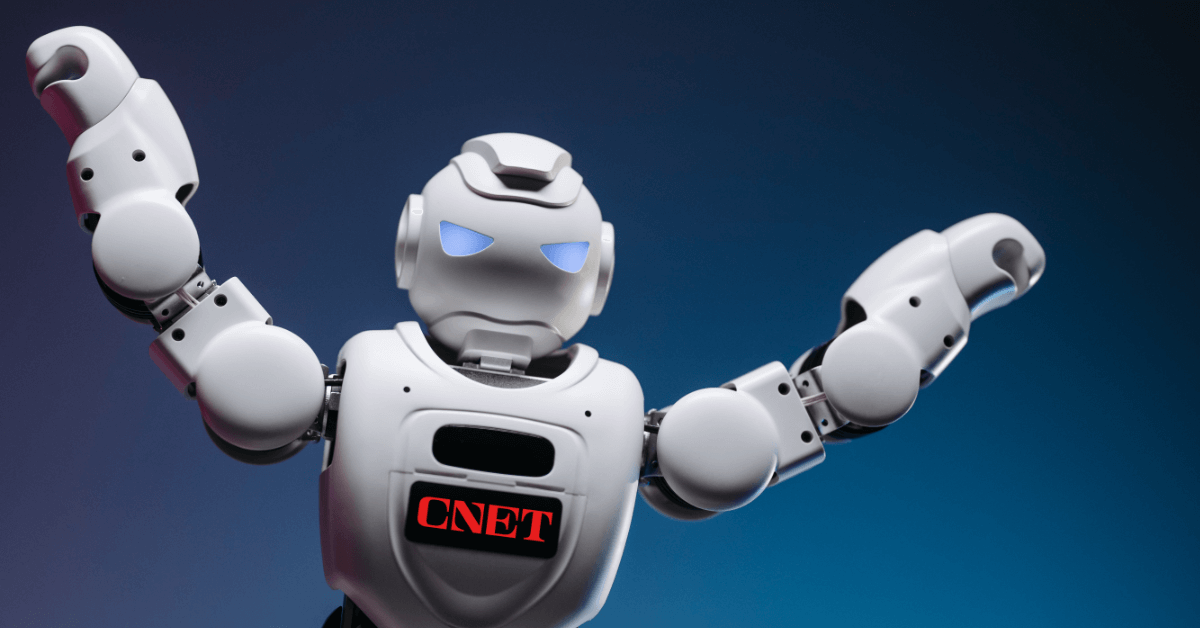 A robot with the CNET logo superimposed on the chest.