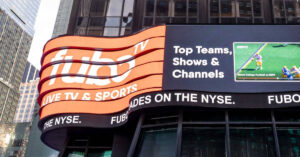 The logo of Fubo TV appears on the marquee outside the Times Square studios of ABC television in New York City.