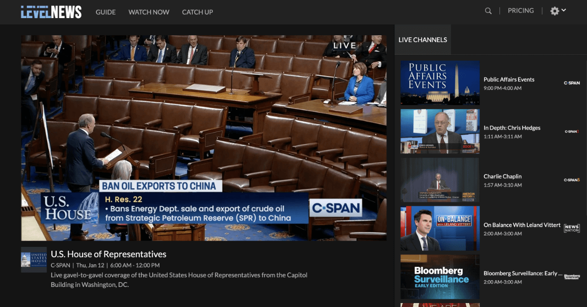 A screen capture of the Level News streaming application.