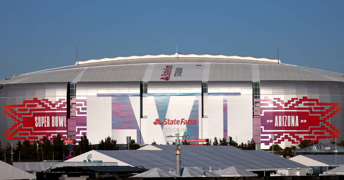 State Farm Stadium, as it appeared before Super Bowl LVII, in Glendale, Arizona. (Photo by Gage Skidmore, Wikimedia Commons; Graphic by The Desk)