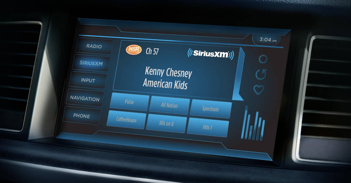 A car entertainment system displays a channel broadcast on SiriusXM satellite radio. (Still frame courtesy SiriusXM, Graphic by The Desk)