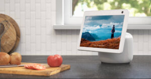An Amazon Echo Show 10 device. (Photo courtesy Amazon, Graphic by The Desk)