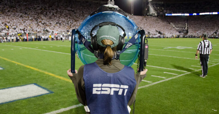A sound technician with ESPN helps produce a telecast of a football game. (Photo by Maize & Blue Nation via Wikimedia Commons, Graphic by The Desk)