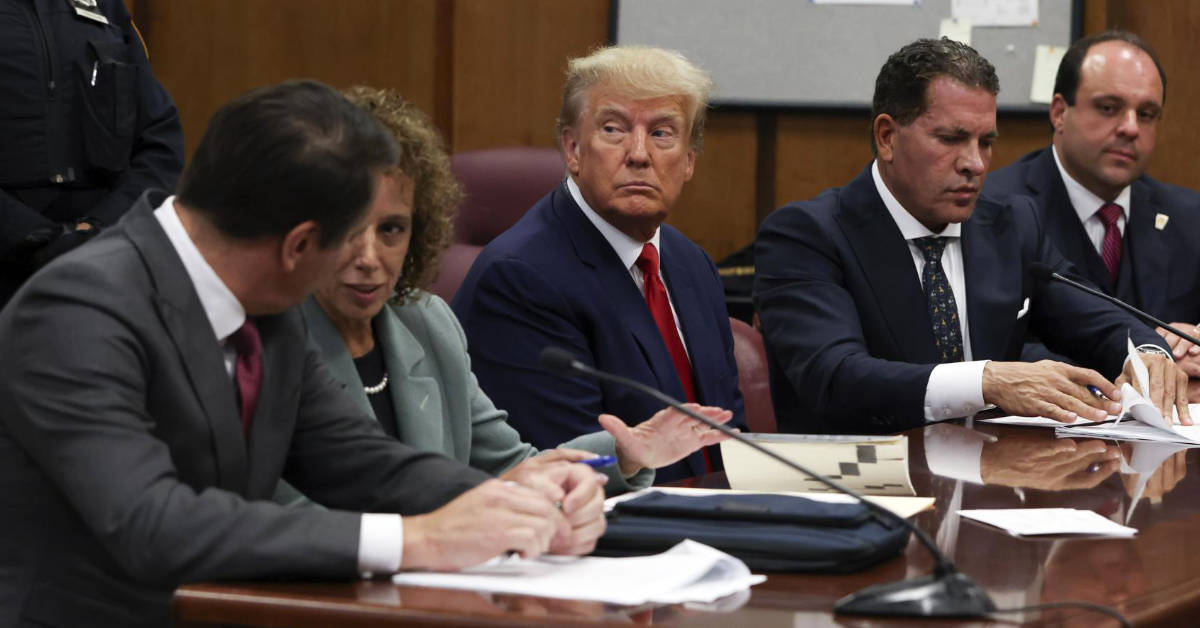Former President Donald Trump makes an appearance in a New York state courtroom to be arraigned on felony criminal charges on Tuesday, April 4, 2023.