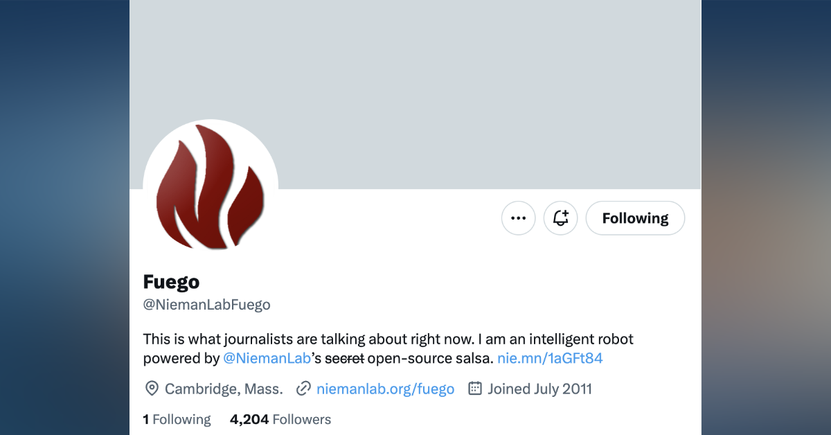 The Twitter profile of the Nieman Journalism Lab's aggregation robot Fuego. (Graphic by The Desk)