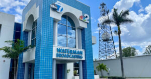 The front façade of the Waterman Broadcasting building in Fort Myers, Florida. (Courtesy photo, Graphic by The Desk)