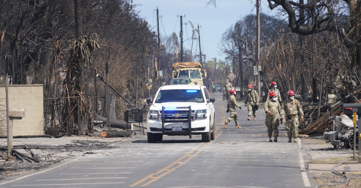 Search-and-rescue teams with the Hawaii National Guard survey damaged caused by the Maui wildfires on August 10, 2023. (Photo by Master Sgt. Andrew Jackson, U.S. National Guard)