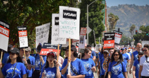 Members of the Writers Guild of America participate in a work stoppage on June 21, 2023. (Photo by UFCW 770 via Wikimedia Commons)