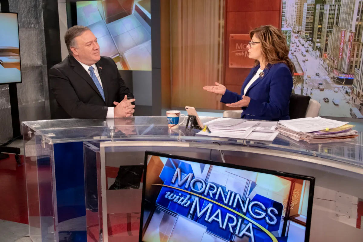 Former U.S. Secretary of State Mike Pompeo participates in an interview with Fox Business Network's Maria Bartiromo in 2019. (Photo by Ron Przysucha)
