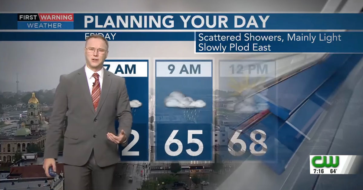 Brandon Butcher, the morning meteorologist at NBC affiliate WSAZ-TV Channel 3. (Still frame via TV broadcast)