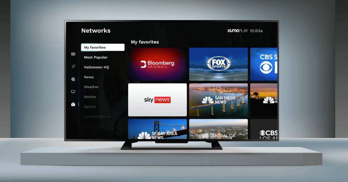 The home menu of Comcast and Charter's free, ad-supported streaming service Xumo Play. (Graphic created by The Desk via screen shot)
