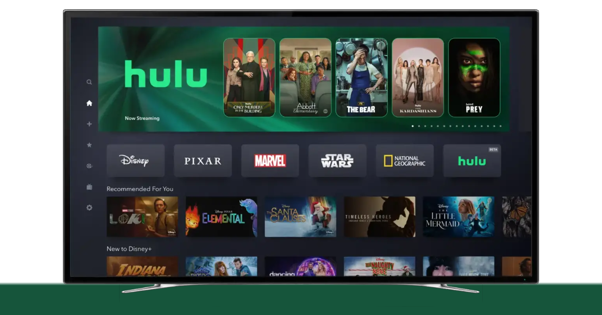 The Disney Plus app in the United States now includes a content tile for Hulu's licensed and original programming. (TV image courtesy Walt Disney Company, Graphic by The Desk)