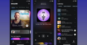 The new SiriusXM app for phones and tablets offers an improved home screen, collates favorite stations and shows into a new "Library" and has a streamlined "Now playing" function. (Courtesy images, Graphic by The Desk)