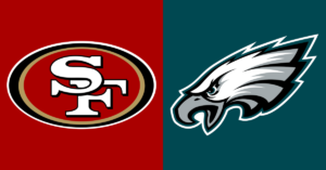 The logos of the San Francisco 49ers and the Philadelphia Eagles. (Logos courtesy National Football League, Graphic by The Desk)