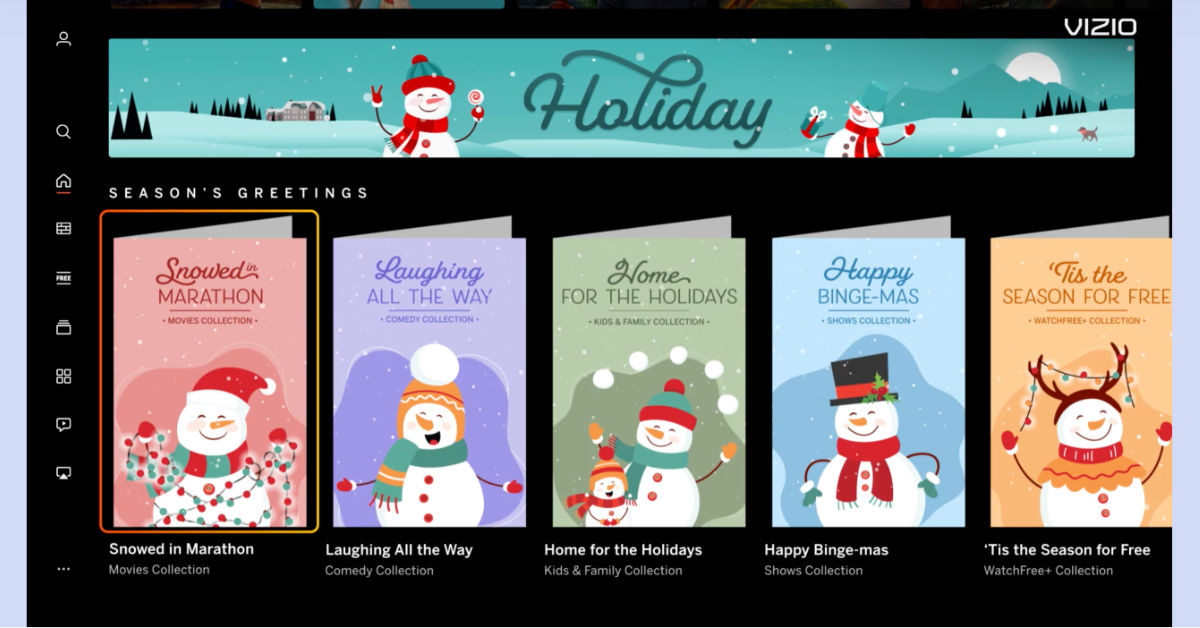 Interactive holiday gift cards are prominently displayed on the home screen of a Vizio smart TV set. (Courtesy image)