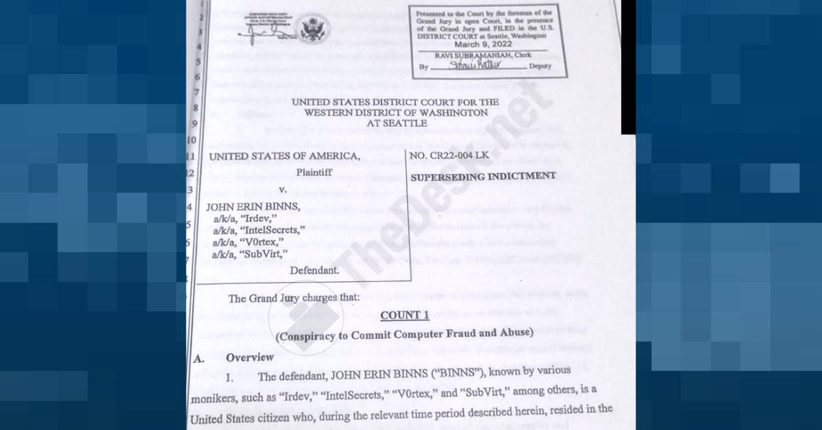 A federal grand jury indicted American citizen John Binns for hacking a computer network used by T-Mobile. The indictment has been under seal for two years. (Graphic by The Desk)