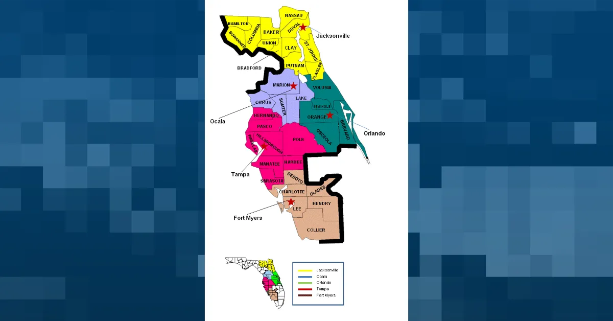 A map of the federal Middle District of Florida, which includes the cities of Tampa, Orlando and Jacksonville. (Graphic by The Desk)