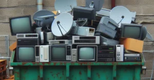 Cable boxes, television sets and satellite dishes in a dumpster. (Computer-generated image by The Desk)