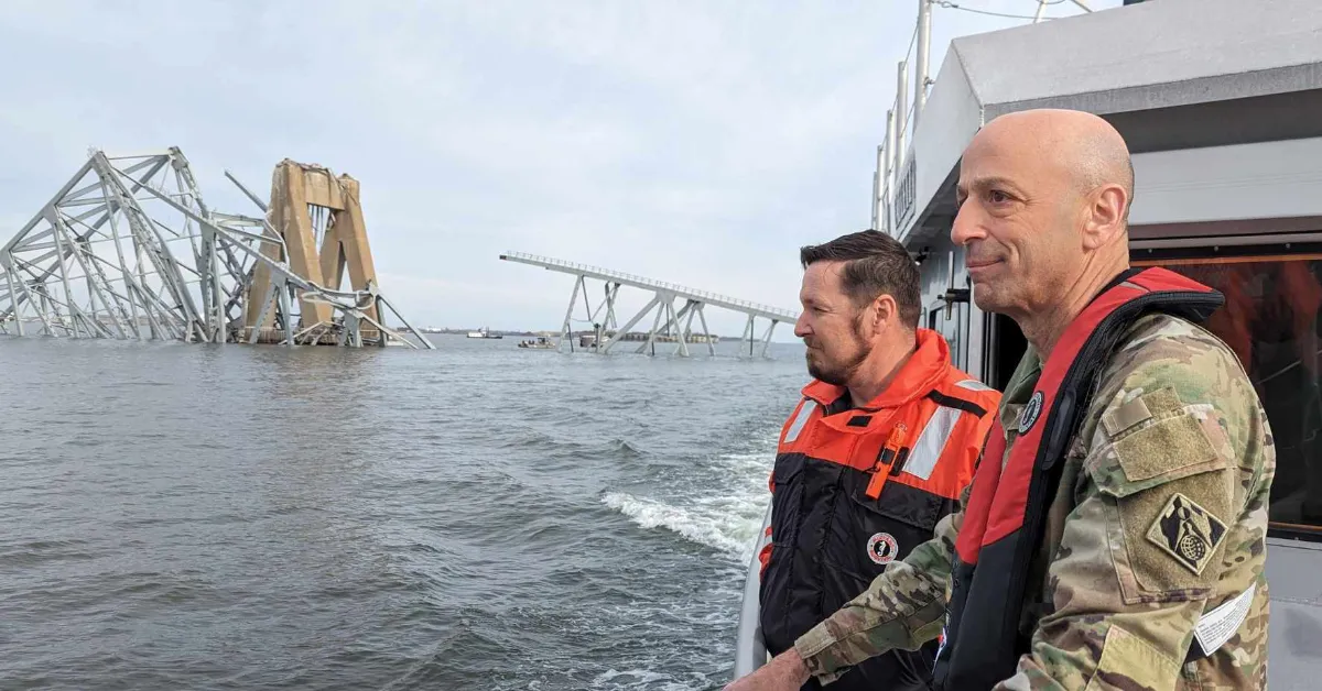 USACE Chief of Engineers Lt. Gen. Scott Spellmon views damage of the fallen Francis Scott Key Bridge that collapsed in Baltimore, March 26, 2024. (Photo by David Adams)