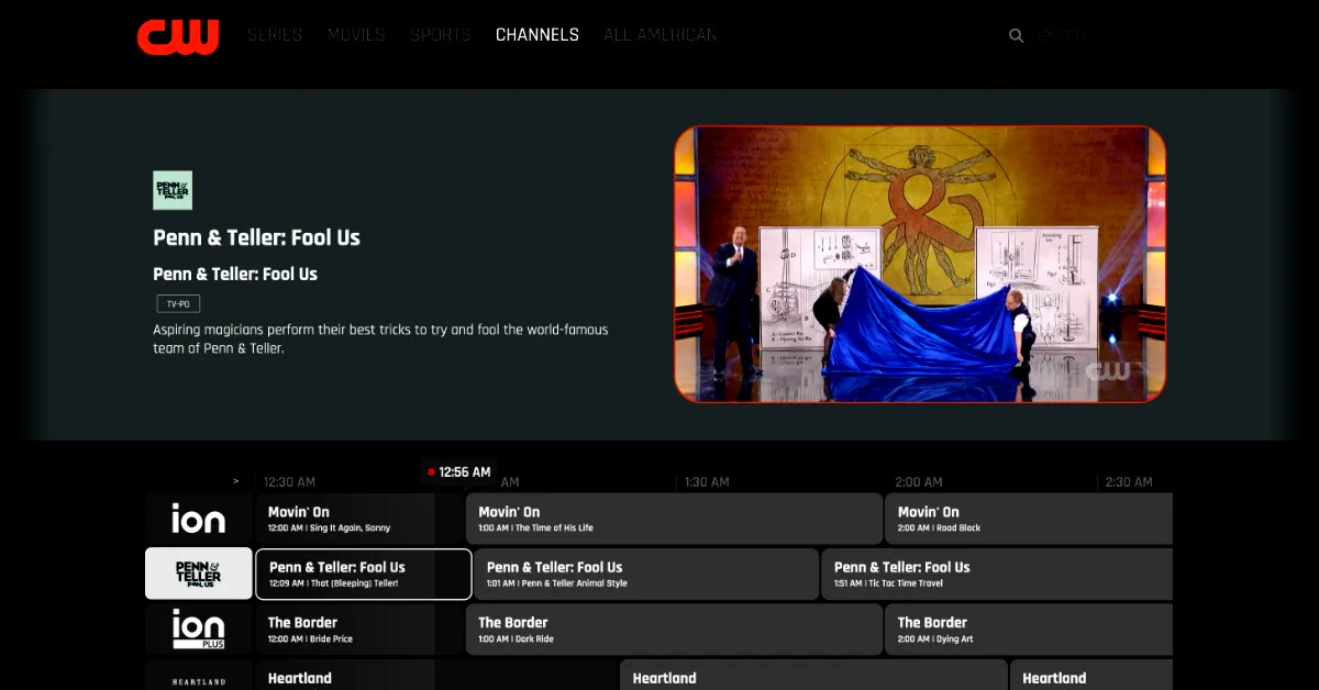 The Penn & Teller: Fool Us FAST channel joins a growing list of linear streams available on the CW Network website. (Screen capture by The Desk)