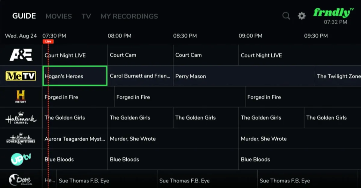 The electronic program guide of Frndly TV. (Screen capture by The Desk)