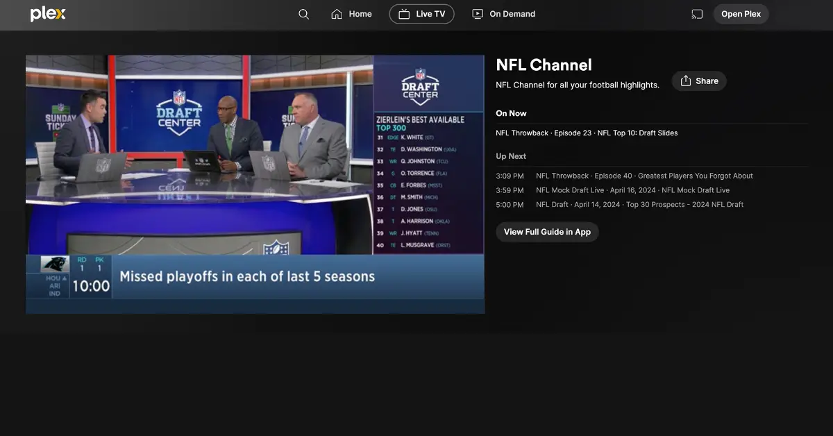 NFL Channel is the National Football League's free, ad-supported streaming channel, now available on Plex.