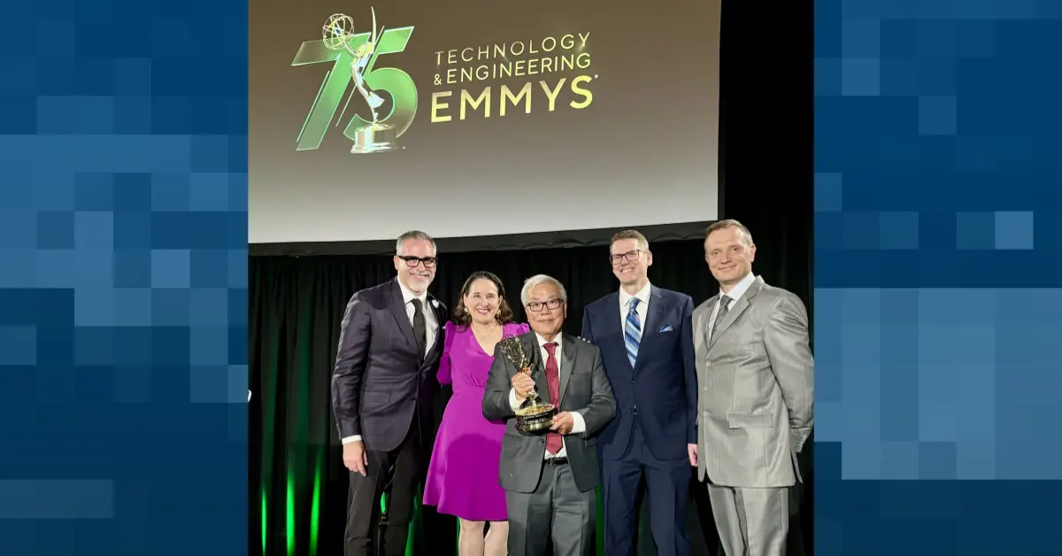 DirecTV executives celebrate their dual Tech Emmy Award wins in October 2024. (Image via social media, Grpahic by The Desk)