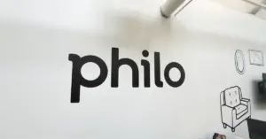 The logo of streaming service Philo adorns the wall of its San Francisco-based office. (Photo by Matthew Keys for The Desk)