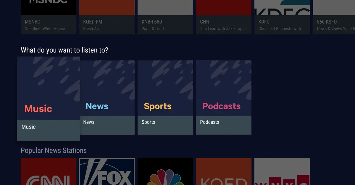 The home screen of TuneIn on an Android TV device. (Courtesy image)