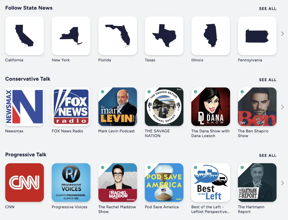The TuneIn Election Channel helps connect streamers to state coverage and radio outlets based on interest. (Graphic by The Desk)