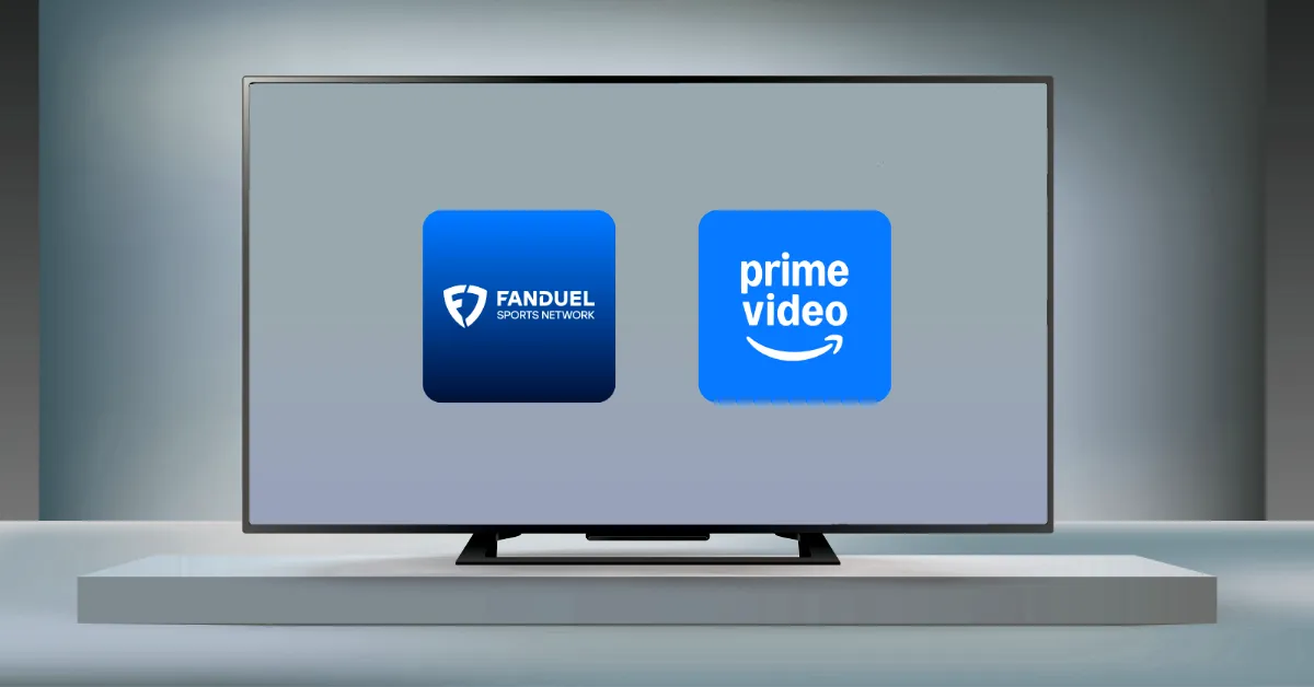 The logos of FanDuel Sports Network and Prime Video on a smart TV. (Courtesy logos, Graphic by The Desk)