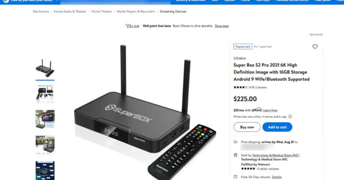 The Superbox is an Android TV device that is geared mostly toward content pirates. (Still frame via Walmart store)