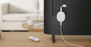 The Chromecast with Google TV HD looks the same as the flagship Chromecast with Google TV, but has fewer internal bells and whistles. (Courtesy image, Graphic by The Desk)